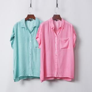 扎染前短后长单口袋短袖衬衫人造丝薄款透气简约百搭上衣纽扣开衫