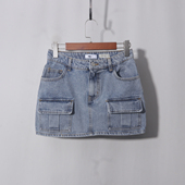 个性 牛仔蓝工装 新款 无内衬夏季 口袋中低腰包臀半身裙 超短裙