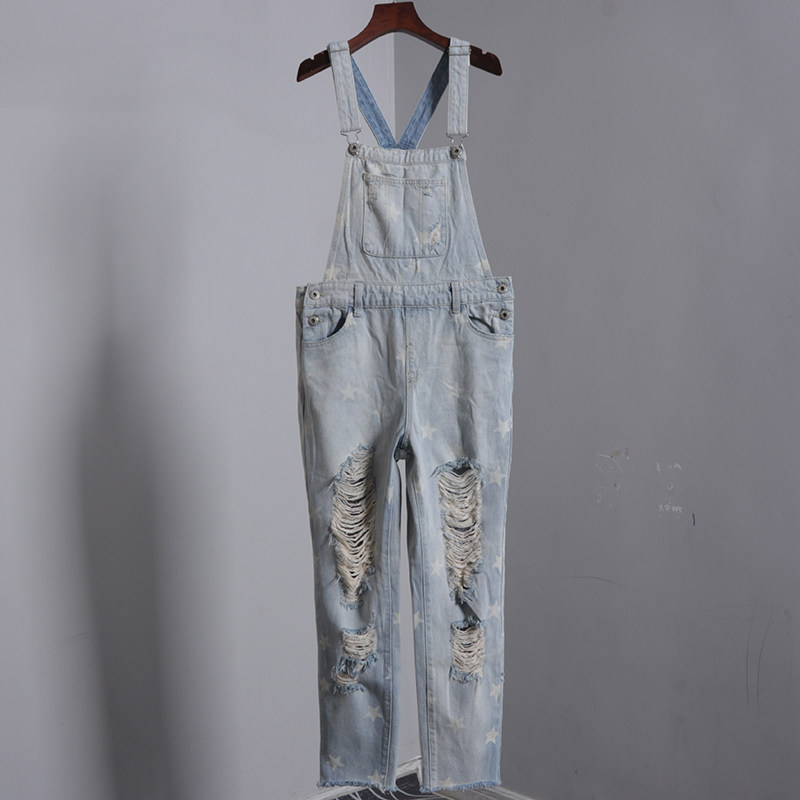 做旧蓝白星星磨破背带裤