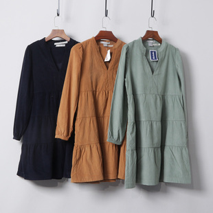 灯芯绒V领连衣裙隐口袋高级感女小个子显瘦收腰法式温柔