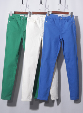 蓝色白色绿色牛仔小脚裤纯棉高腰弹力修身九分小脚长裤