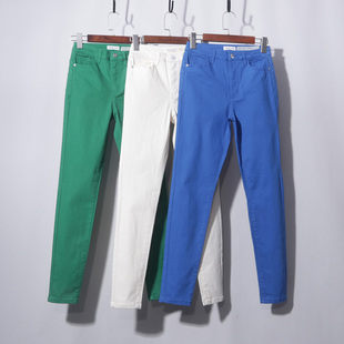 九分小脚长裤 蓝色白色绿色牛仔小脚裤 纯棉高腰弹力修身