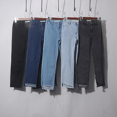 中腰弹力九分裤 修身 脚造型毛边直筒春秋复古水洗弹力牛仔裤 烟管裤