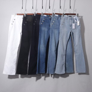 高腰显瘦弹力喇叭裤 梨形身材复古蓝牛仔裤 大码 新款 口袋造型 女春季