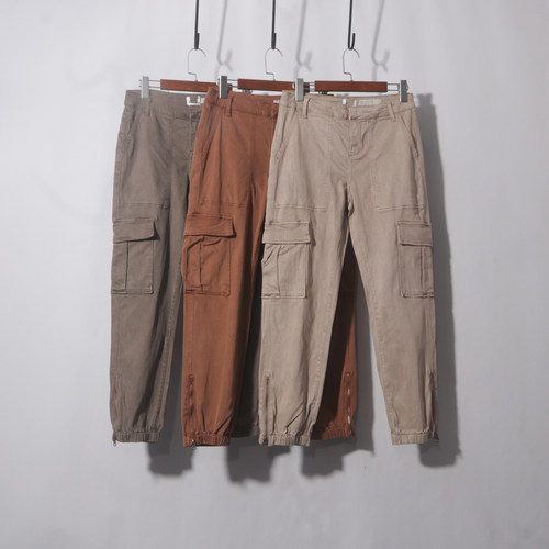 暗扣裤脚拉链束脚工装牛仔裤复古裤侧口袋拉链设计修身弹力束脚