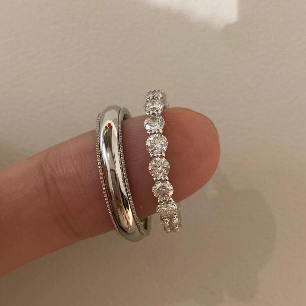 S925纯银简约百搭浪漫情侣求婚对戒叠戴满圈排钻戒指男女镶钻指环