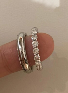 S925纯银简约百搭浪漫情侣求婚对戒叠戴满圈排钻戒指男女镶钻指环