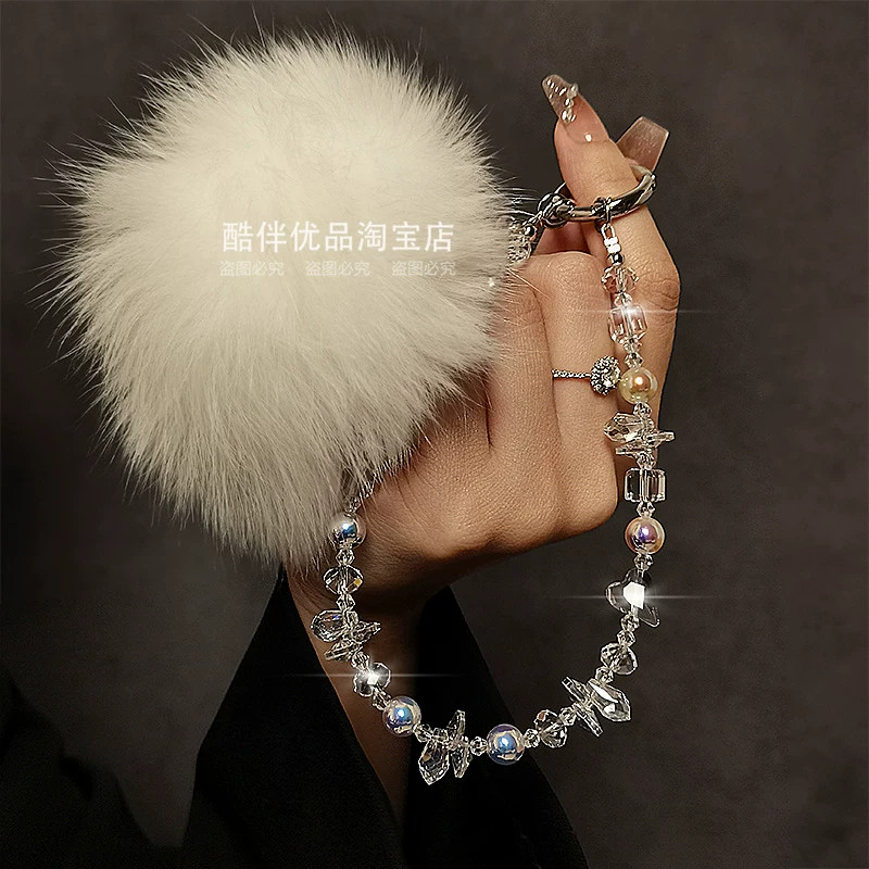 高级秋冬白狐狸毛水晶串珠手提链手腕短挂绳手机钥匙包包防丢挂件