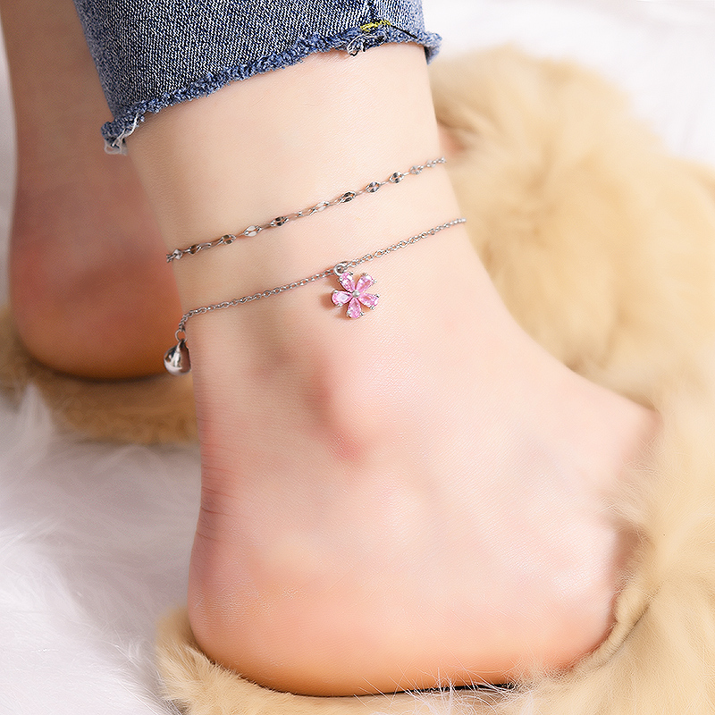 甜美女生钛钢脚链双层粉色花朵