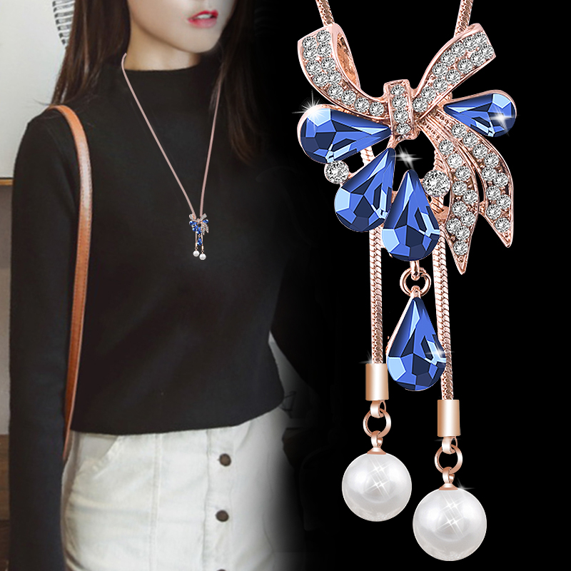 韩版毛衣链女士长款项链水晶蝴蝶结吊坠百搭时尚秋冬大气高端首饰