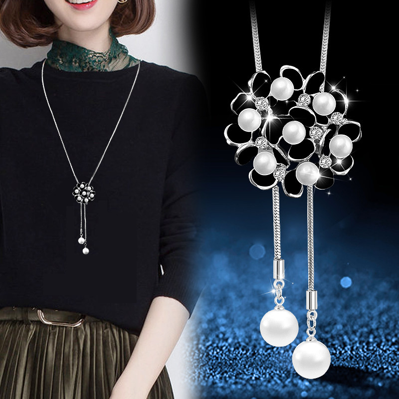 时尚花朵毛衣链女士长款黑色简约项链韩版百搭挂件个性秋冬首饰品