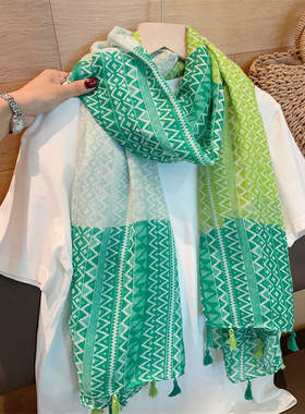 绿色波浪丝巾女春夏季出游海边防晒大披肩秋天薄款棉麻围巾纱巾