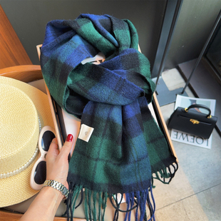 复古英伦风蓝绿格子披肩100%纯羊毛围巾女冬季百搭情侣款保暖围脖