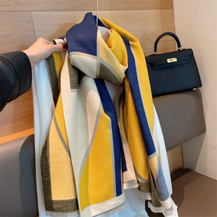 黄蓝抽象图案长款 百搭加厚保暖仿羊绒围巾两用大围脖 披肩女秋冬季