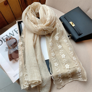 蕾丝拼接褶皱纯色棉麻围巾女秋冬季百搭长大披肩春天薄款纱巾丝巾