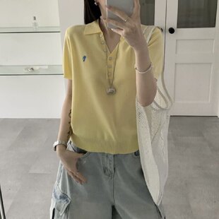 韩系小刺绣V领短袖 女2026春夏新款 时尚 气质百搭上衣潮 针织衫
