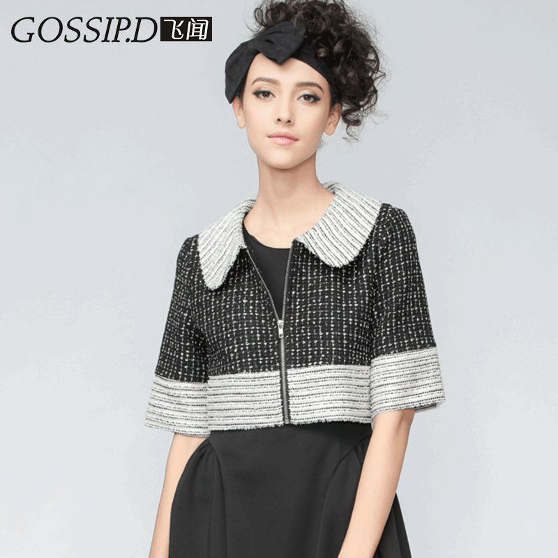 秋冬毛呢小外套女装时尚中袖短款拼接翻领加厚粗花呢子小香风上衣,女装/女士精品,短外套,淘宝优惠券,粉丝福利购,淘宝优惠卷