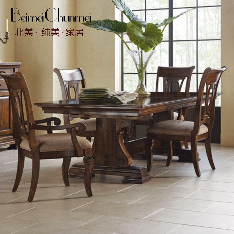 美式乡村全实木餐桌椅组合长方形家用吃饭桌复古做旧别墅家具定制