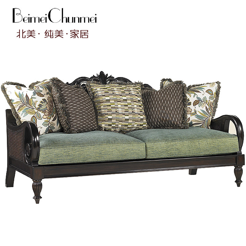 北美纯美家居 美式乡村桃花心实木布艺两人位沙发三人位雕花沙发