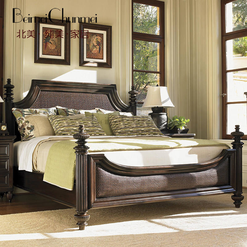 高端定制美式乡村家具桃花心实木雕花双人藤床1.5m1.8米婚床大床