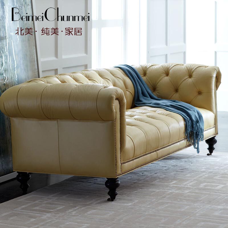 2020轻奢新款美式现代别墅家具意大利进口头层牛皮直排三人位沙发