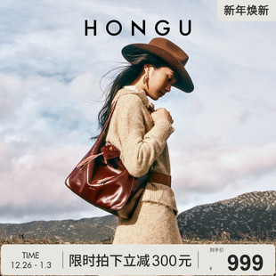 红谷包包2025新款 真皮单肩腋下包亮面油蜡牛皮hobo包通勤软包女包