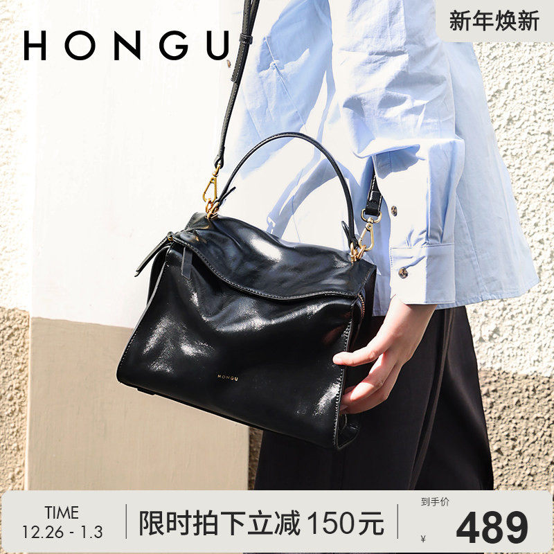 红谷包包2025新款质感真皮单肩手提包通勤油蜡牛皮斜挎手拎包女包