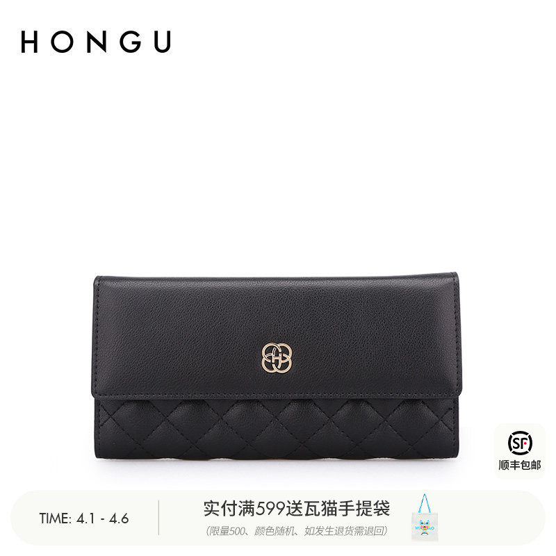 红谷新款牛皮钱包女长款韩版简约钱夹三折多功能皮夹小手包手拿包