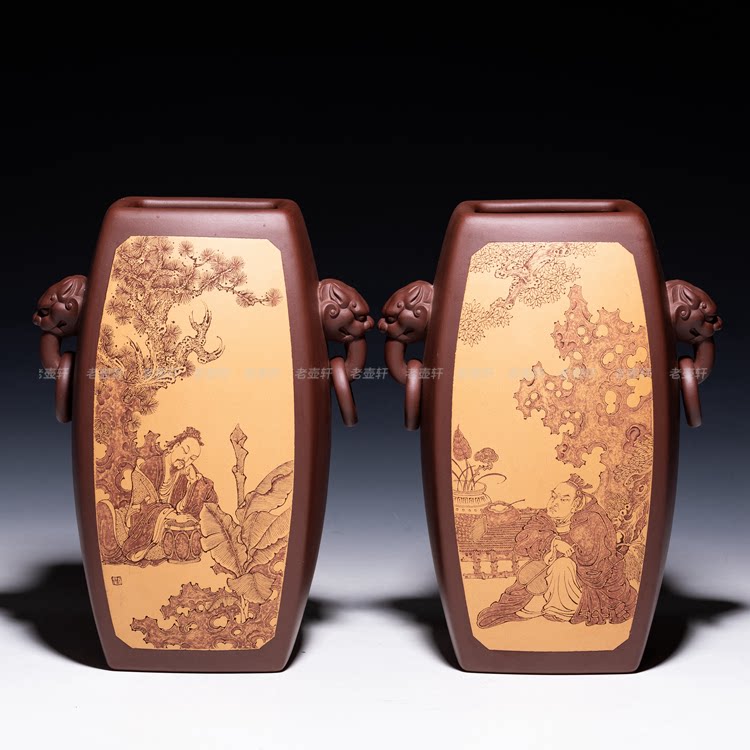 老壶轩  宜兴紫砂雕塑茶宠 毛国强徒弟刘华刻〖闲适对瓶〗花瓶