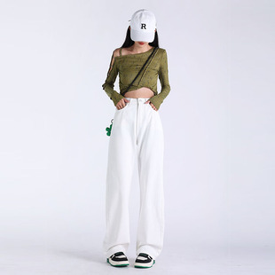 女小個子2023春秋夏季 窄版 白色直筒闊腿褲 牛仔褲 高腰顯瘦垂感 新款