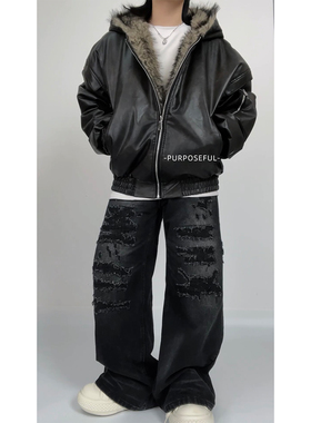 purposeful诠度 座山雕双面穿皮毛一体加绒加厚夹克外套