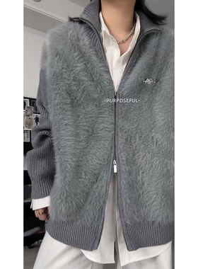 purposeful诠度 水貂绒双拉链开衫立领针织衫灰色外套