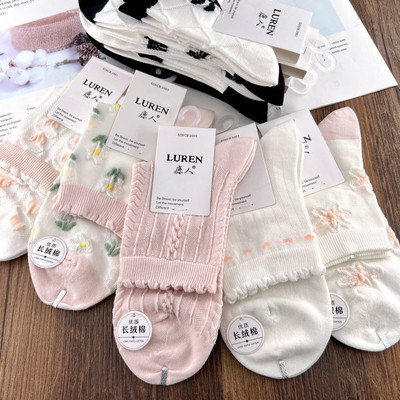鹿人排汗女棉可爱甜美袜子短筒