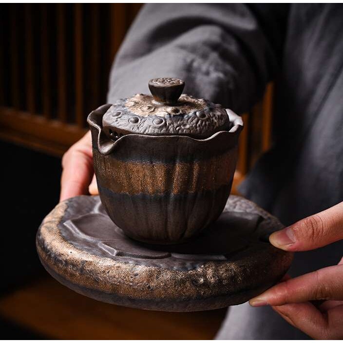 德玉堂 粗陶复古鎏金手抓壶日式纯手工茶壶家用分茶器带壶垫茶组