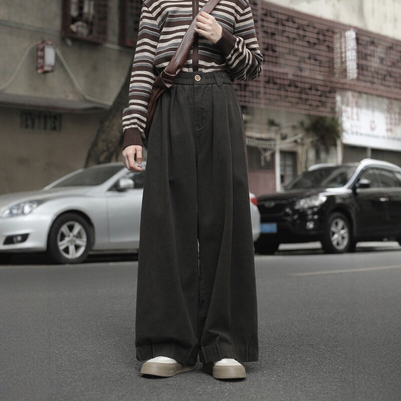 2025春秋新款加厚磨毛阔腿裤子女宽松显瘦大码日系梨形身材阔腿裤