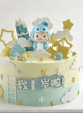 蓝色蛇宝宝周岁蛋糕装饰摆件蛇公仔男孩女孩一周岁1岁生日插件