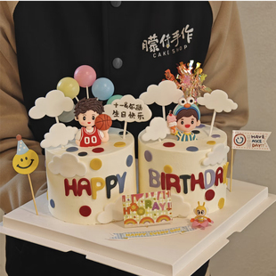 双胞胎蛋糕儿童生日装饰摆件篮球小男孩兄弟哥哥弟弟人偶公仔插件