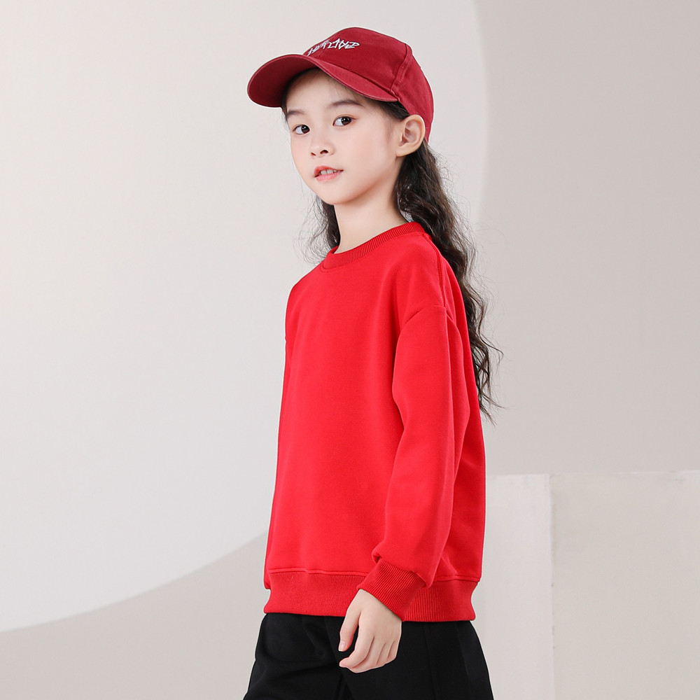 红色卫衣女童加绒加厚秋冬款2023新款黑色粉色纯色男童卫衣一体绒