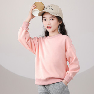 粉红色卫衣女童2023新款爆款秋冬纯色全棉长袖t恤内搭短款卫衣潮
