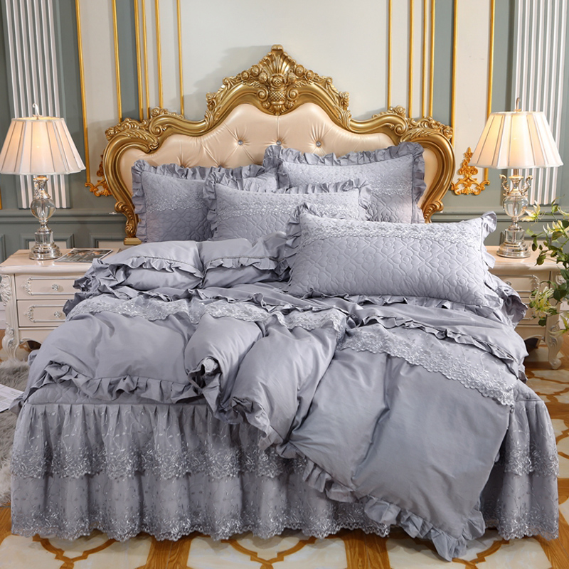 纯色床裙式四件套加厚欧式蕾丝床罩全棉被套防滑床单1.8m床上用品