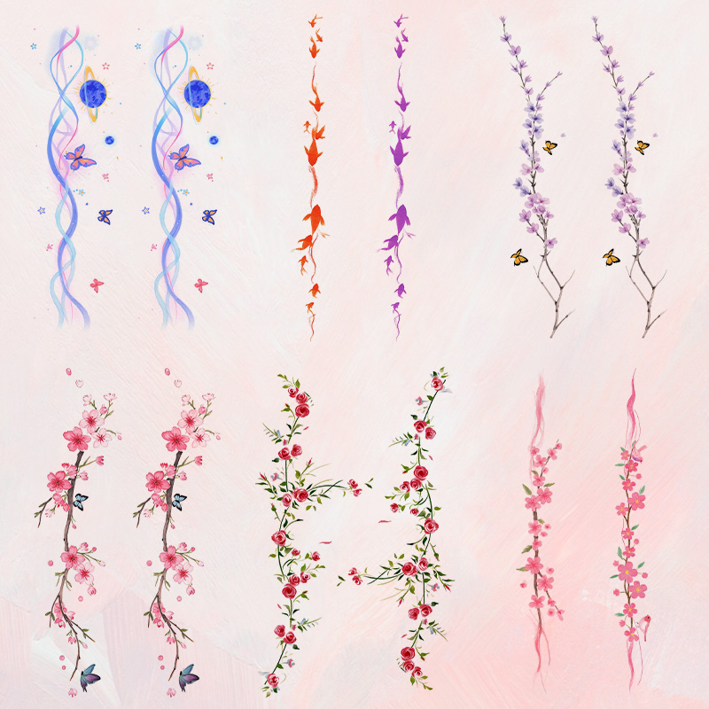 新中式国风梅花彩色纹身贴女防水持久蝴蝶桃花金鱼手背臂环锁骨