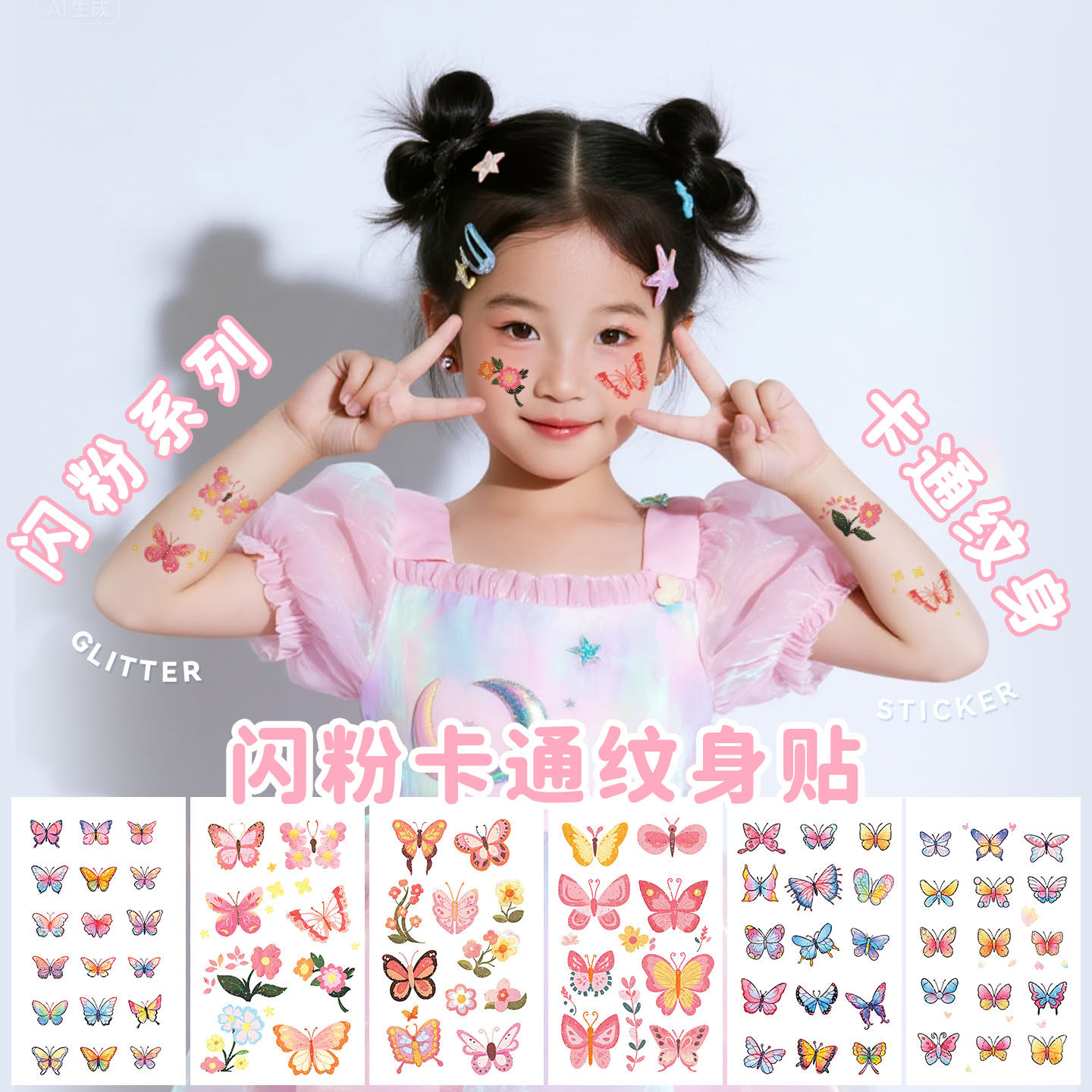 蝴蝶儿童闪粉纹身贴纸男女孩防水持久可爱贴画脸部手臂手背小图