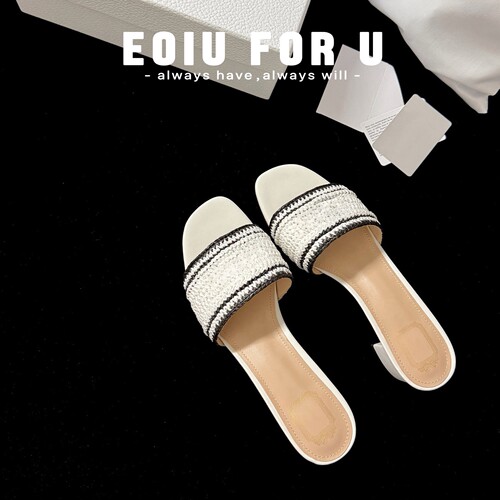 eoiu夏季拉菲草真皮一字拖女款