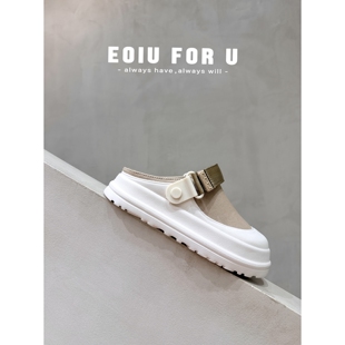 EOIU~口碑级!4/17厚底包头半拖一脚蹬帆布拼接夏透气休闲鞋女鞋