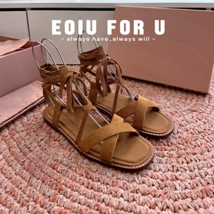 EOIU 百搭出片神器~6.09度假风波西米亚流苏露趾凉鞋平底女鞋系带