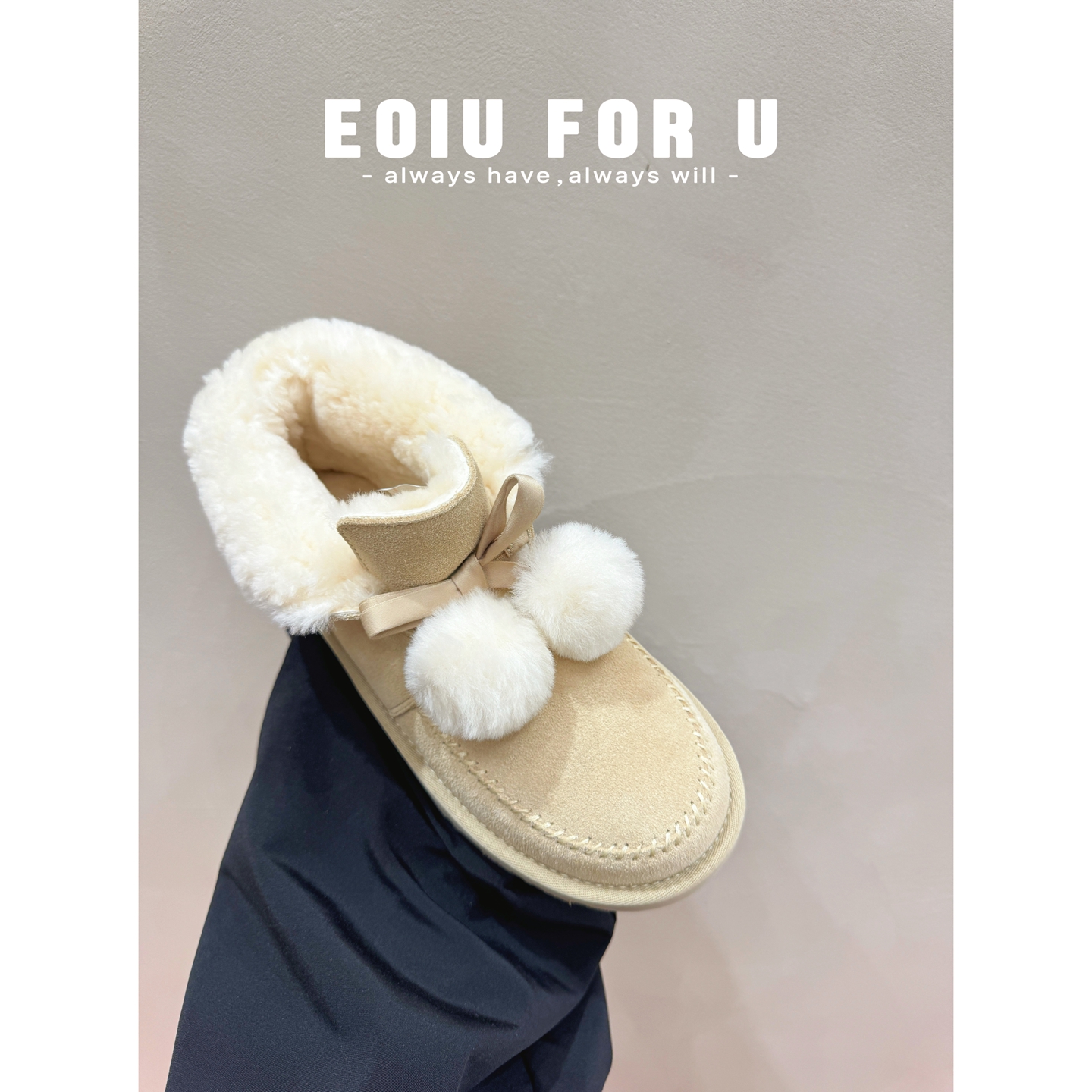 蝴蝶结圣诞风毛球翻折俩穿雪地靴