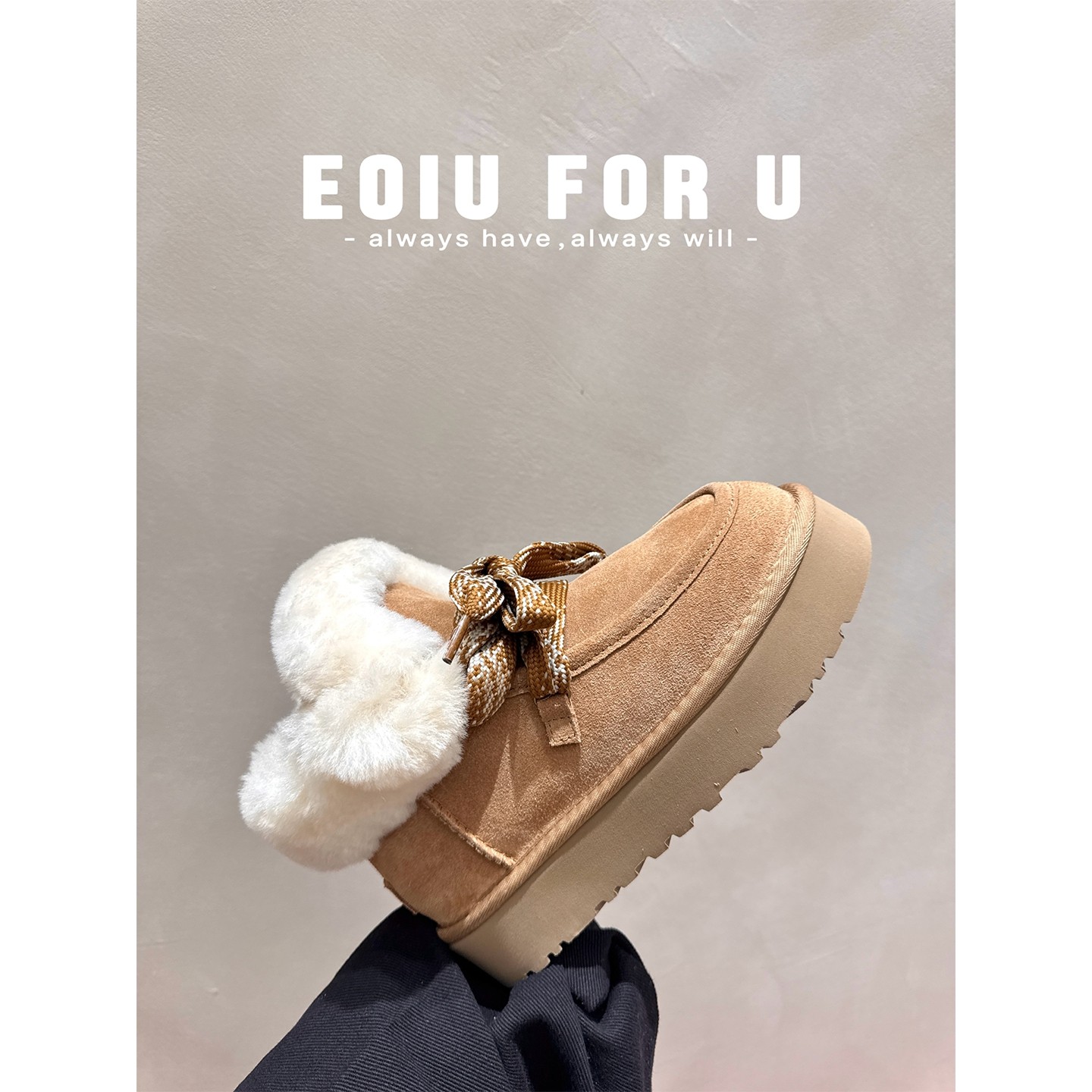 梅尔厚底系带雪地靴冬季加绒保暖