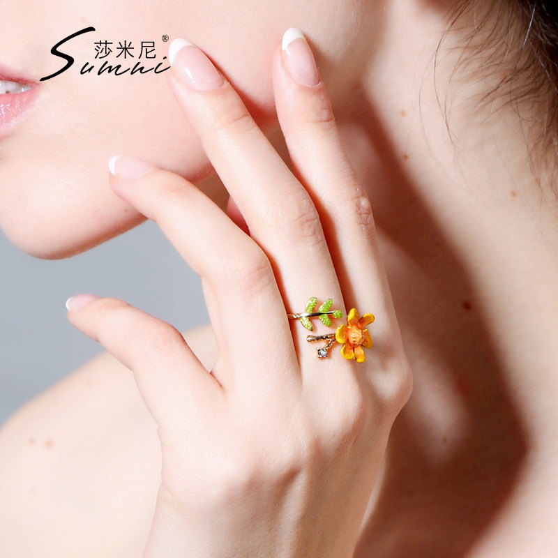sumni/莎米尼欧美珐琅彩釉饰品 森林系唯美清新可爱彩色花鸟戒指