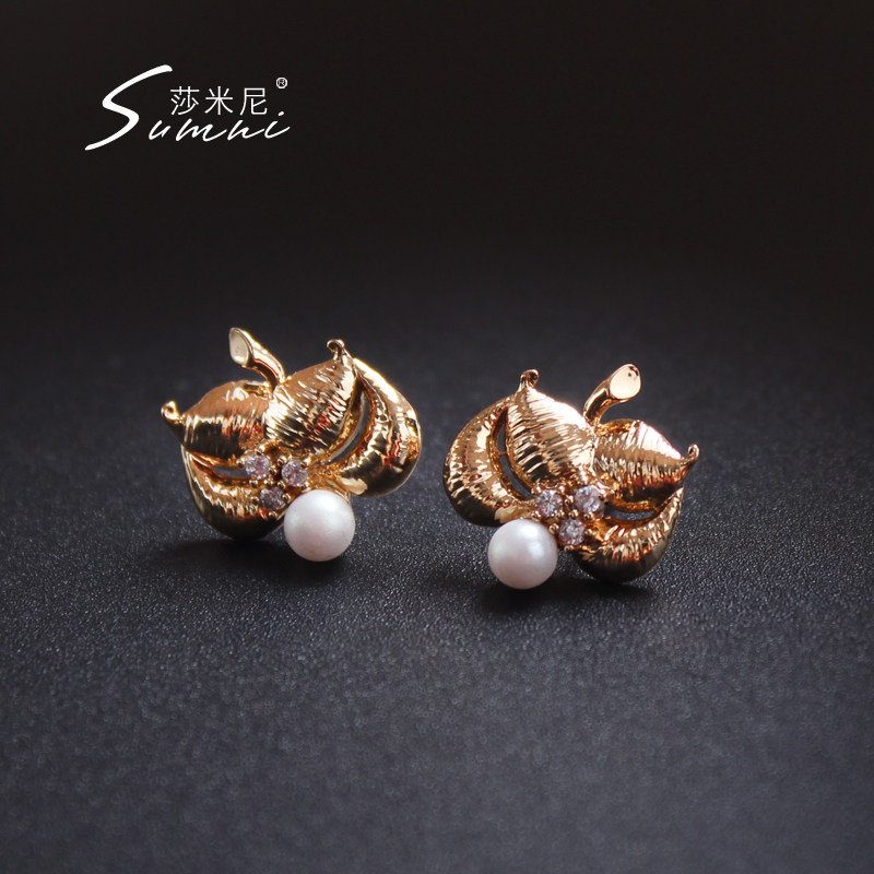 sumni/莎米尼欧美时尚气质18K包金人造珍珠闪钻椰子树925银耳钉