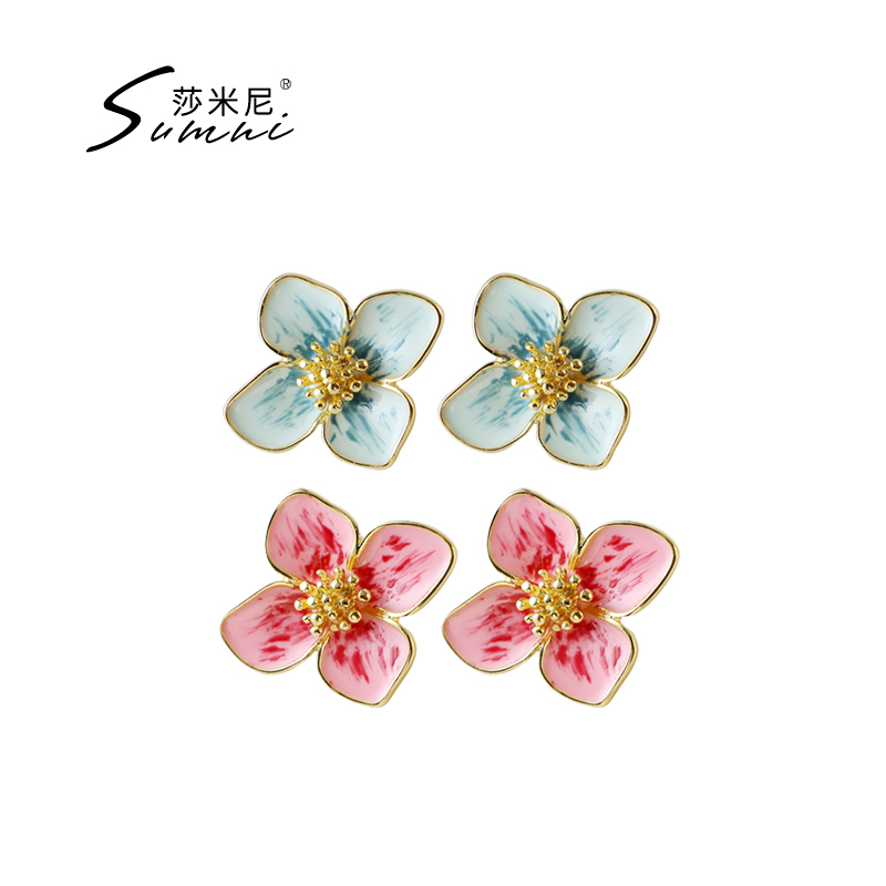 sumni/莎米尼秋新文艺复古珐琅滴釉花朵夸张耳钉耳饰时尚女